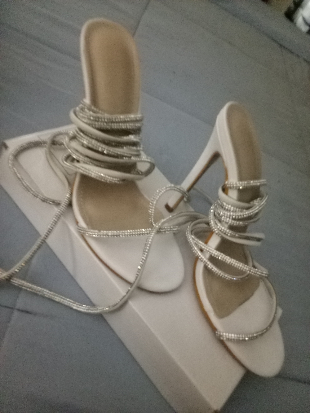 Strappy Crystal Lace-Up High Heel Sandals in White
